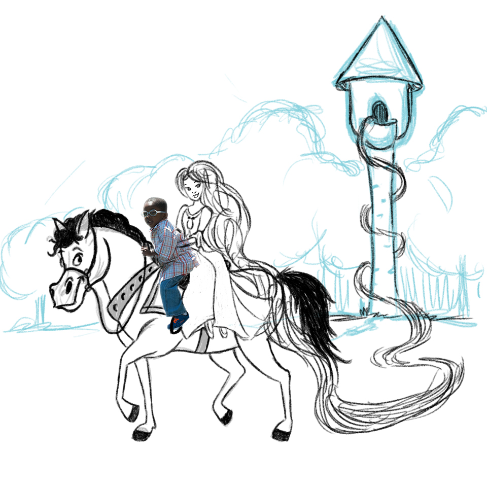 Rapunzel with boy on horse - line work.jpg